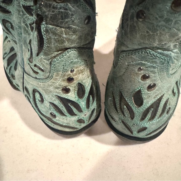 Black Star Boots Tooled Floral Paisley Leather Tall Western Boots Turquoise 9.5 - Picture 5 of 7